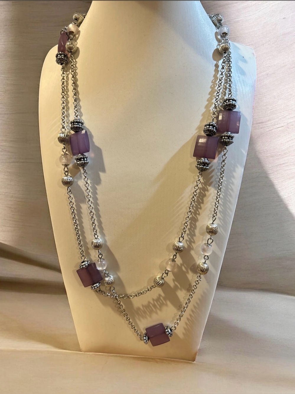 Purple Multi-Strand Beaded Silver Necklace